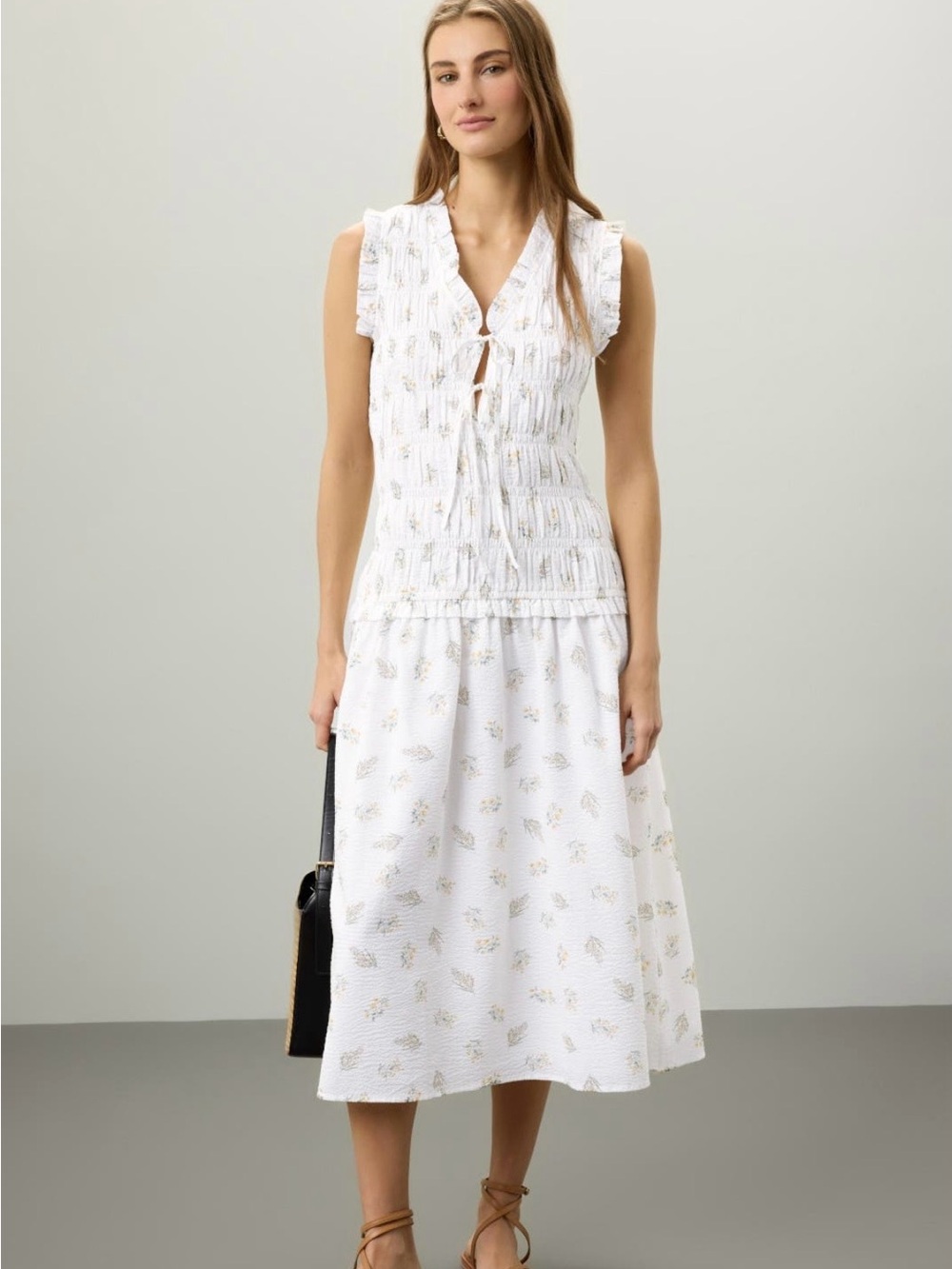 Rails Dion Dress White Floral Smocked Midi Dress Size M